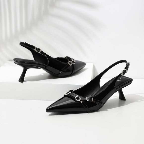 Black Pointed Toe Pumps Leather Low Heel Slingback Heels with Buckle Dress Shoe - Picture 8 of 9